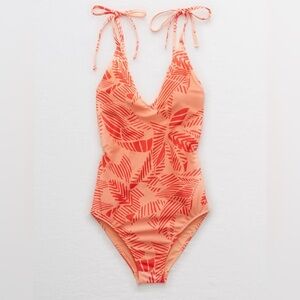 Aerie Peach‎ Tropical Full Coverage V Neck One Piece Swimsuit